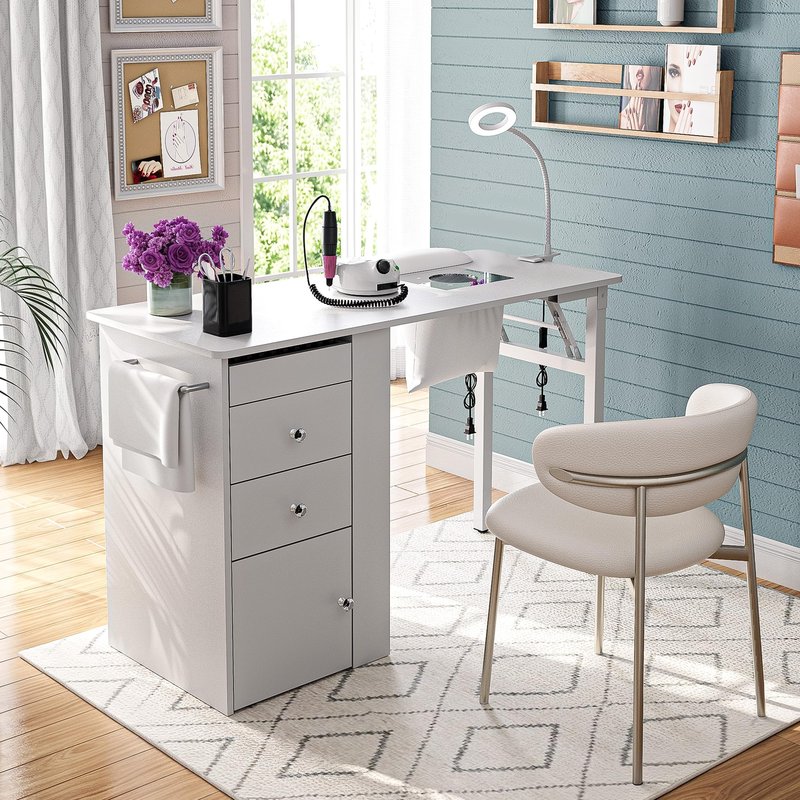 Foldable Nail Table with Dust Collector, Manicure Desk for Nail Tech, with LED Lamp, Wrist Rest, Rolling Nail Table for Salon, Home Beauty Workstation, Compact Nail Station with Storage (White)