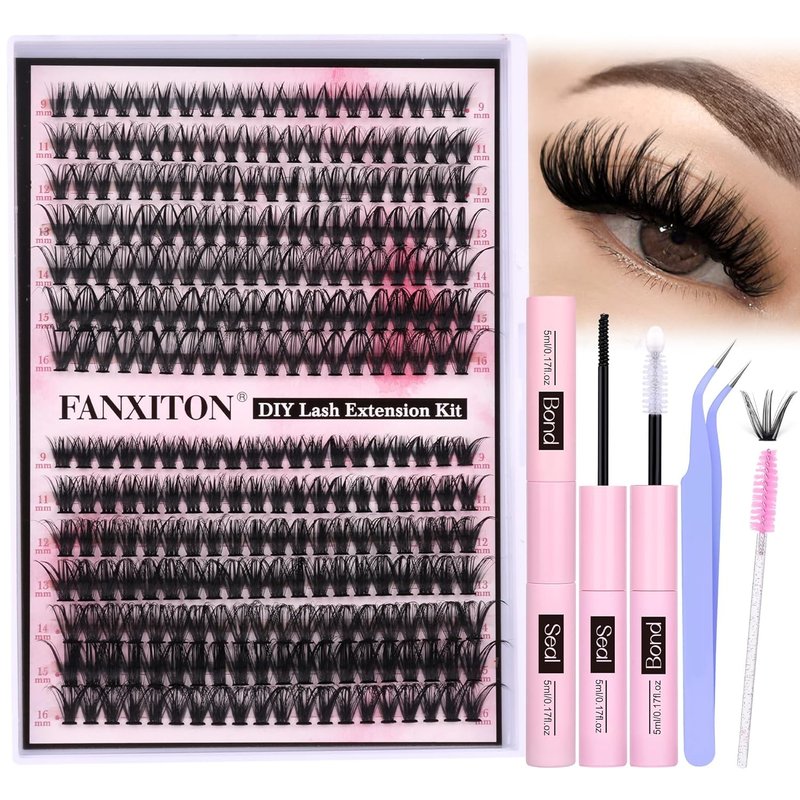 FANXITON Eyelash Extension Kit - 280 Thick Volume Lash Clusters 40D/50D D Curvature with Bond & Tweezers