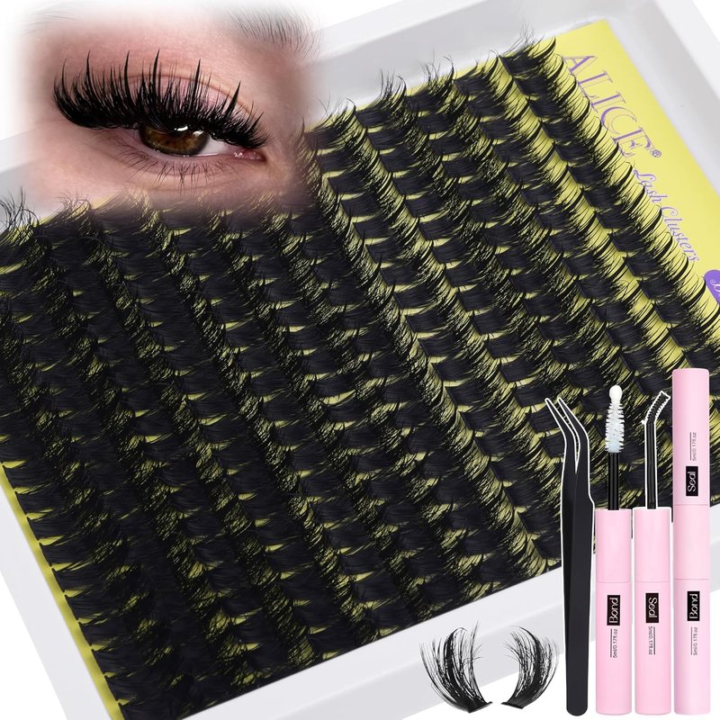 ALICE Eyelash Clusters Kit - 100D Thick Volume with Lash Glue & Tweezers | 228pcs D-Curly Extensions