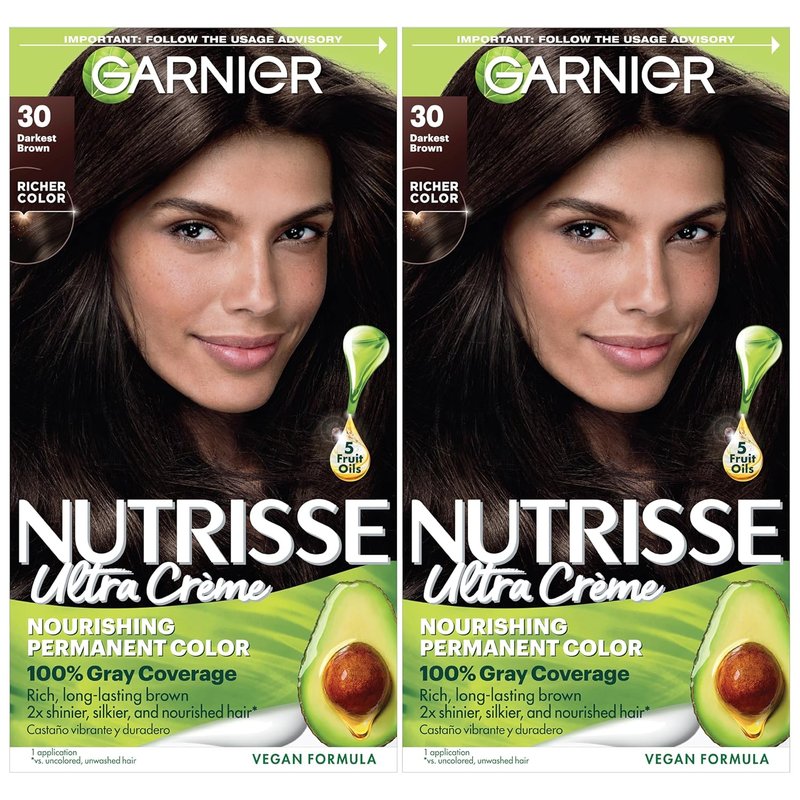 Garnier Nutrisse Ultra Crème Hair Color - Permanent Vegan Hair Dye for 100% Gray Coverage | 30 Darkest Brown (Sweet Cola), 2 Count