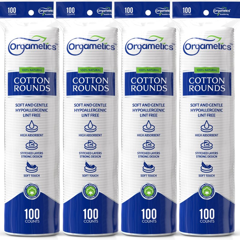 ORGAMETICS Cotton Rounds – 100% Natural Turkish Cotton Makeup Remover Pads, Lint-Free, Hypoallergenic, Ultra Soft, Dual-Texture, 2.25" Diameter (400 Count, 4 Pack)