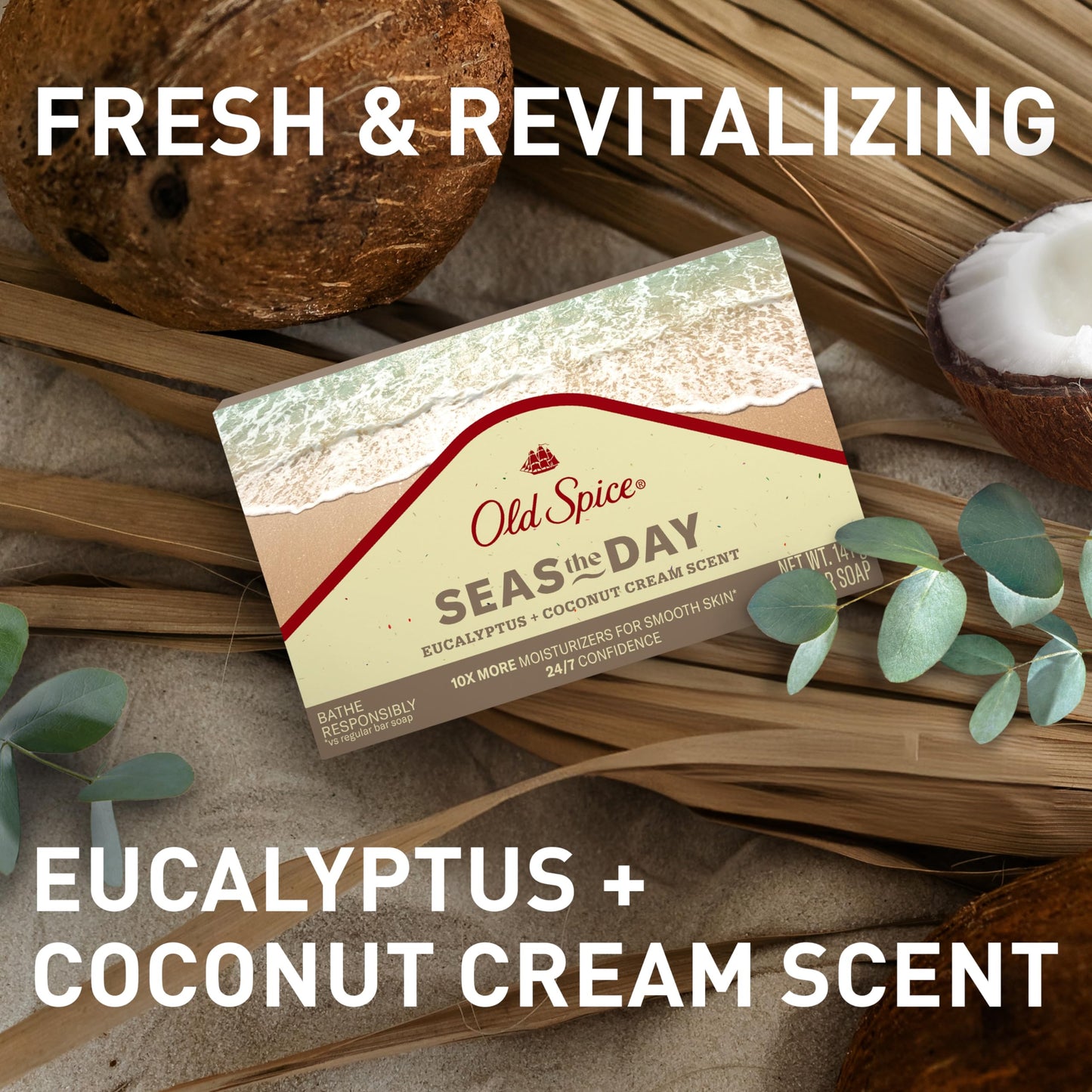 Old Spice Men's Bar Soap, Seas The Day Eucalyptus and Coconut Cream Scent, 10x More Moisturizers for Smooth Skin with Mild Exfoliators & Plant Based Cleansers, 5.0 oz