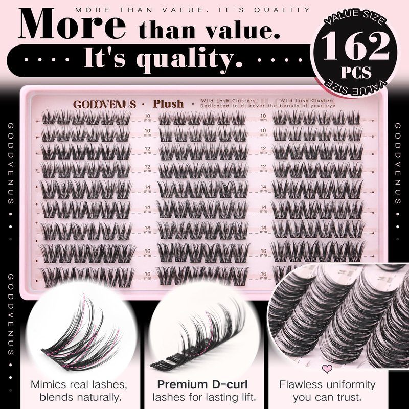 Goddvenus Plush Lash Clusters Natural Wispy Cluster Eyelash Extensions, Fluffy DIY Lash Extension at Home for Natural Look, D Curl Individual Eyelashes