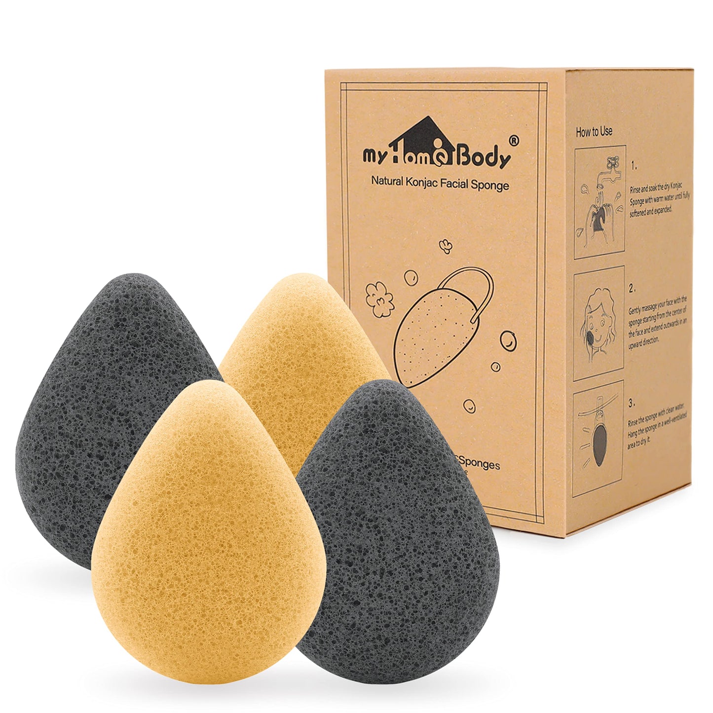 myHomeBody Natural Konjac Facial Sponges – Teardrop Shape - for Gentle Face Cleansing and Exfoliation - with Activated Charcoal and Turmeric Yellow, Set of 4