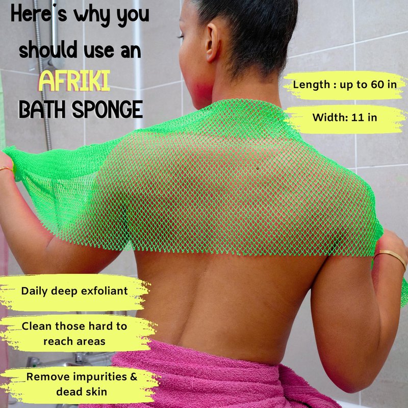 African Net Sponge, Premium Authentic Exfoliating Body Scrubber, Extra Long Stretch Bath Sponge for Shower, Deep Exfoliating Washcloth for Smooth Skin, 2 Pack (Purple & Green)