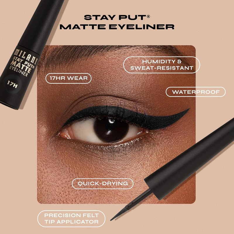 Milani Stay Put Matte Liquid Eyeliner - Waterproof Black, 17-Hour Wear, Smudgeproof & Vegan