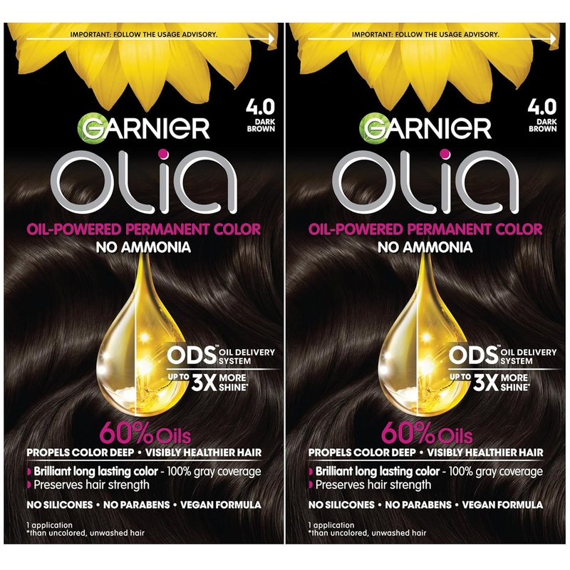 Garnier Olia Hair Color - Ammonia-Free Permanent Dye for 100% Gray Coverage | 4.0 Dark Brown, 2 Count