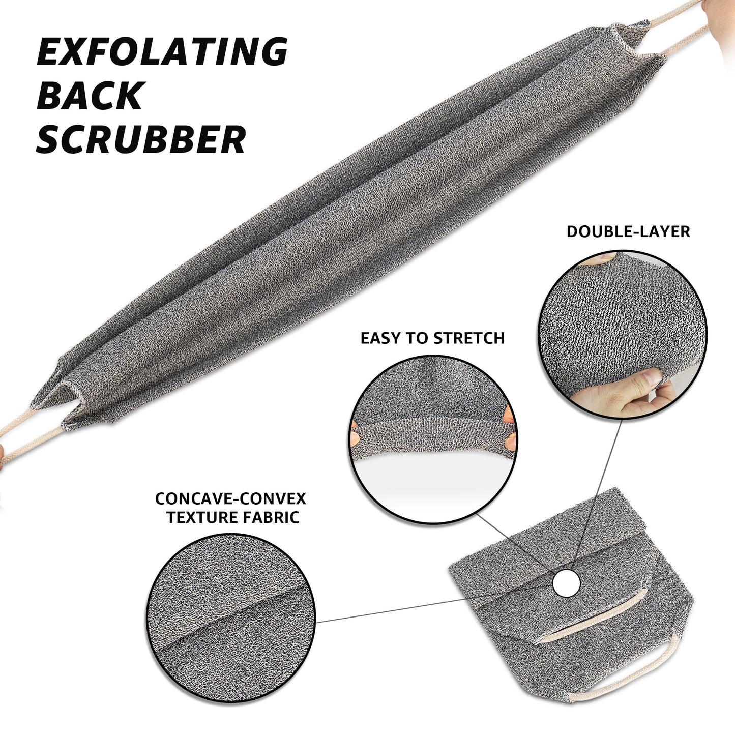 Culture Gifts Extended Exfoliating Back Scrubber with Handles, Nylon Cleaning Exfoliator Washcloth for Body, Stretchable Pull Strap Soft Quick-Drying Rough Scrub Towel, Grey