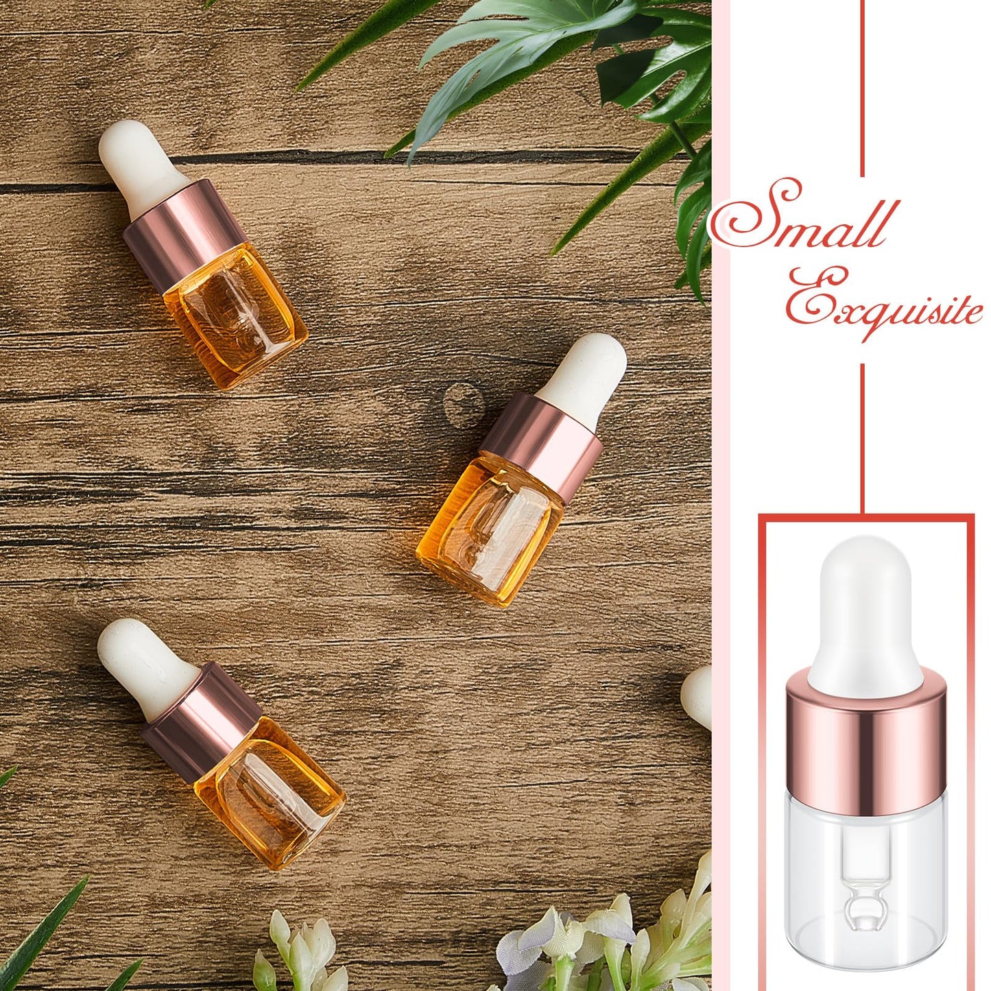 Didaey 100 Pcs 2 ml Mini Glass Oil Dropper Bottle Bulk, Clear Essential Small Empty Bottles Sample Containers Perfume Liquid Vials with Cap for Traveling(2 ml, Rose Gold)