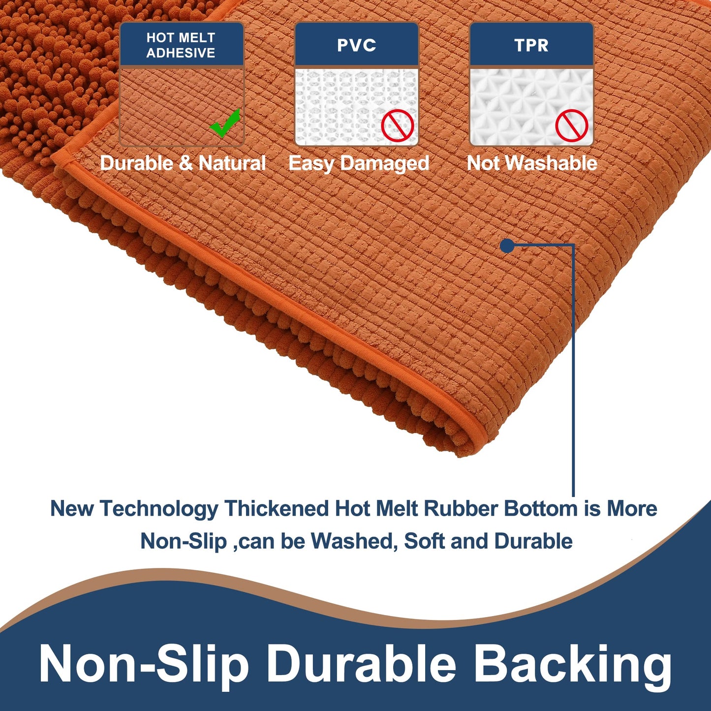 FLOLEOPA Luxury Chenille Burnt Orange Bathroom Rugs Bath Mats Sets, Extra Soft and Absorbent Bathroom Rugs Non Skid Machine Wash Dry Bath Mats（32"x20" Plus 17"x24"）