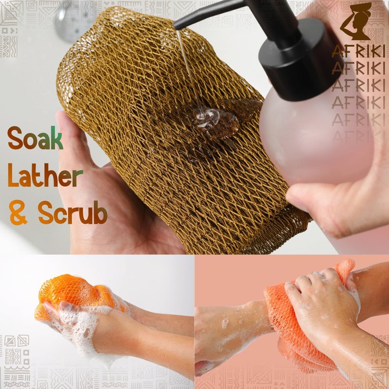 African Net Sponge, Premium Authentic Exfoliating Body Scrubber, Extra Long Stretch Bath Sponge for Shower, Deep Exfoliating Washcloth for Smooth Skin, 2 Pack (Dark Green & Champagne Gold)