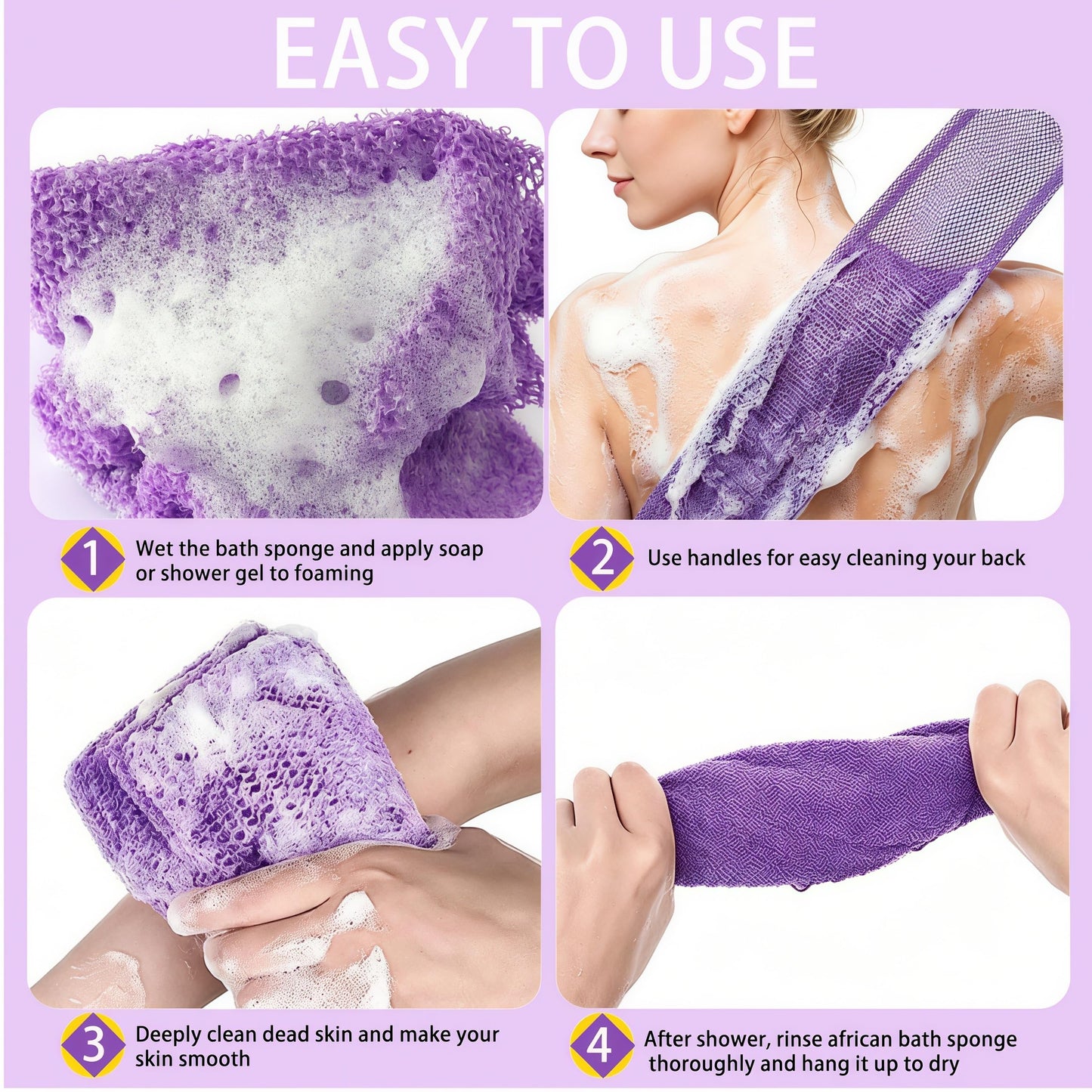 Votuyet 3 Pack African Net Sponge, Long Exfoliating Net Washcloth Bath Sponge, Wash Net Body Back Scrubber for Shower/Loofah Users