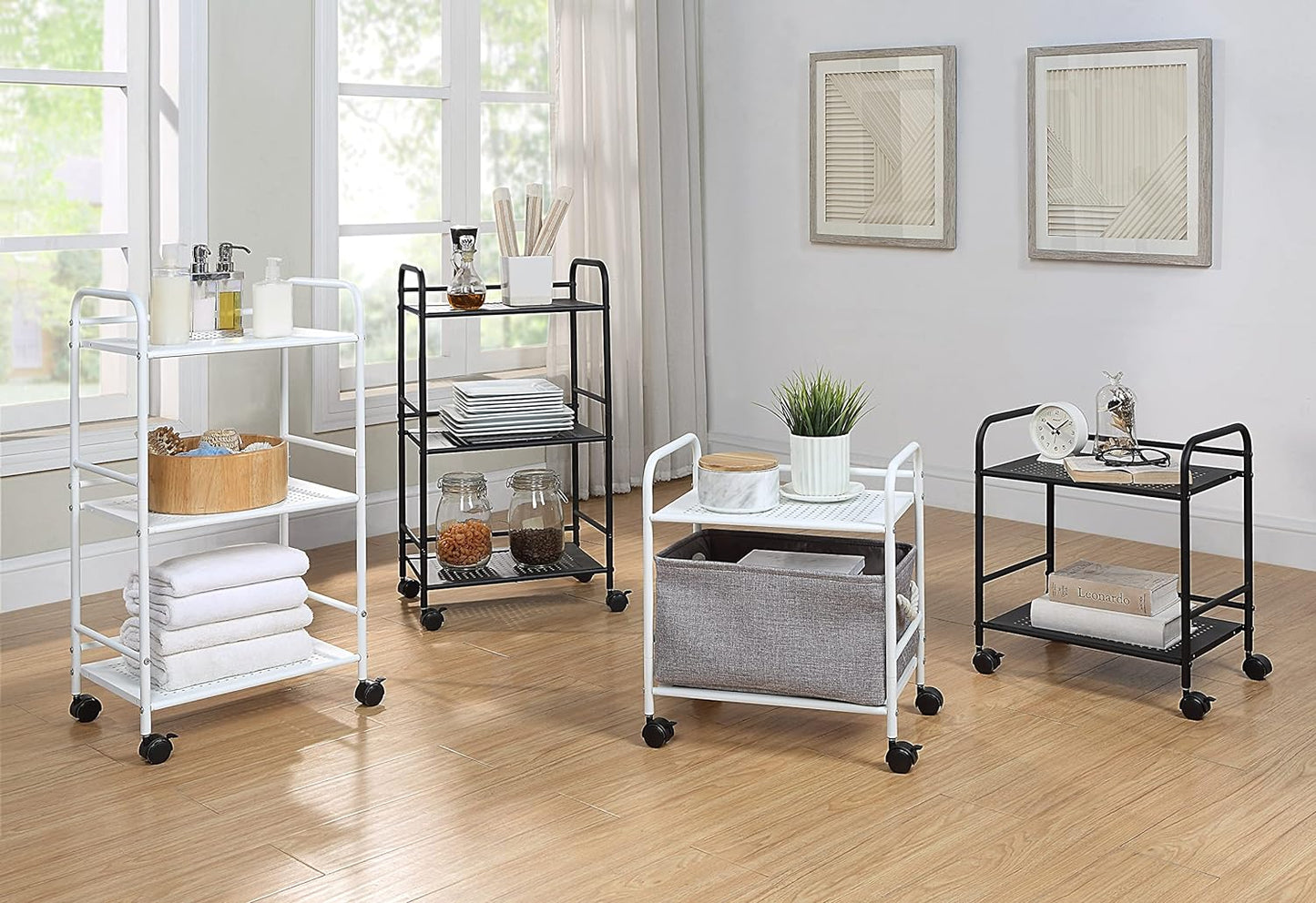 SunnyPoint 3-Tier Rolling Utility Cart - Metal Storage Organizer with Wheels | Mobile Kitchen & Office Cart, White, 12"D x 16.92"W x 31.1"H