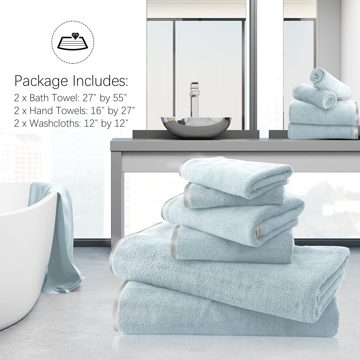 TENSTARS Microfiber Coral Velvet Luxury Silk Hemming Towel Set - Light Teal, 2 Bath Towels, 2 Hand Towels, 2 Washcloths - Ultra Soft, Absorbent, Quick Drying, Easy to Wash