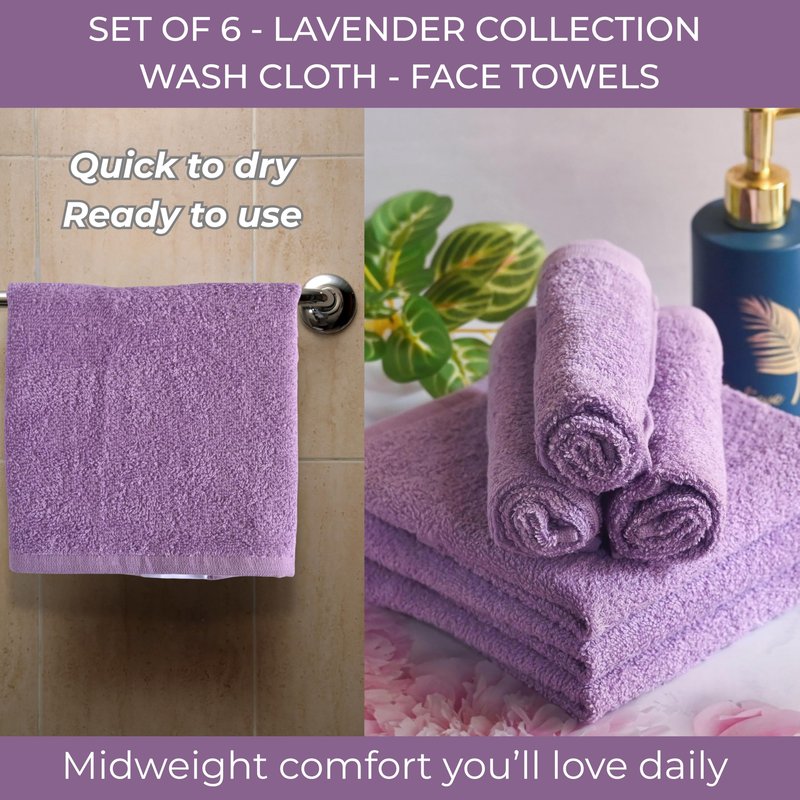 LIVINATI Lavender 100% Cotton Wash Cloths for Showering Body and Face - 12"X12" 6 Pack Washcloths - Small Terry Towel Bath Rags for Adults and Kids Bathroom - Soft Absorbent