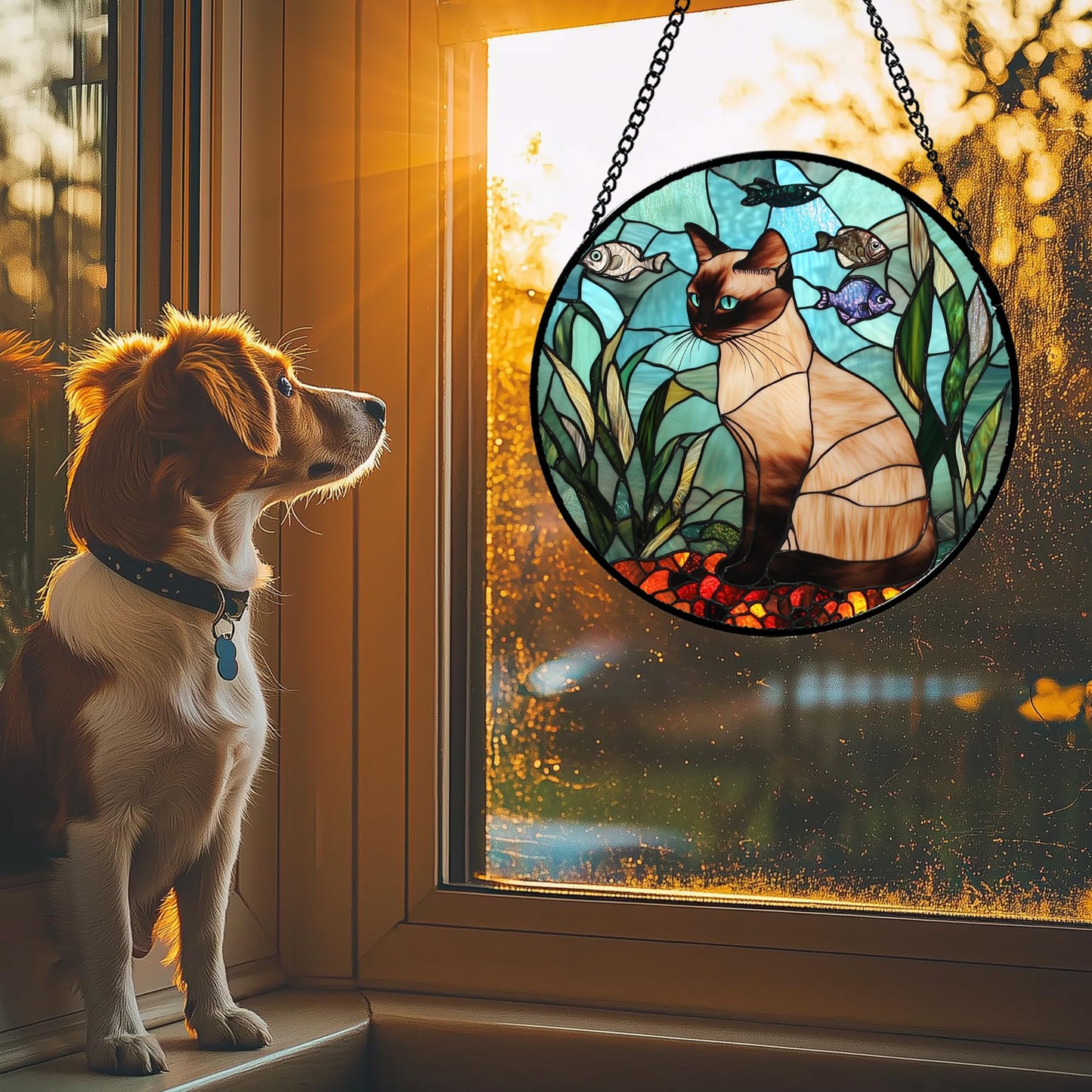 GEFOS Stained Glass Window Hanging Cat Fish Plants 6.3" - Suncatcher Door Garden Sunroom Sun Catcher Home Decor Birthday Christmas for Lost Pets Cat Lovers Mom Men Woman