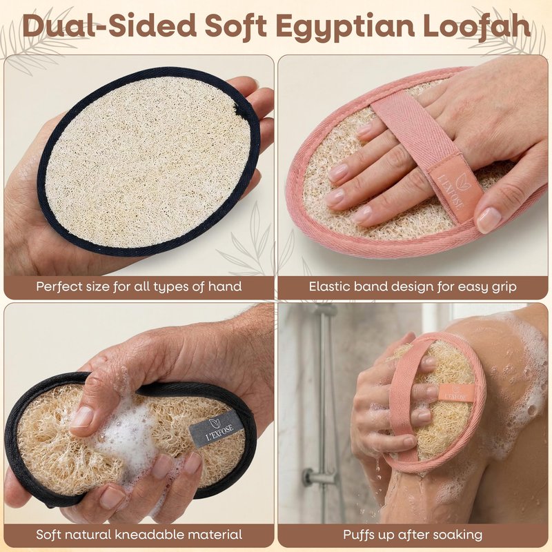 L'Exfose Organic Natural Loofah Body Scrubber for Shower – Dual Sided Egyptian Fiber Plastic Free Loofah – Quick Dry Natural Body Scrubber with Sisal Soap Saver Bag – Minimal Spa Gift for Men Women