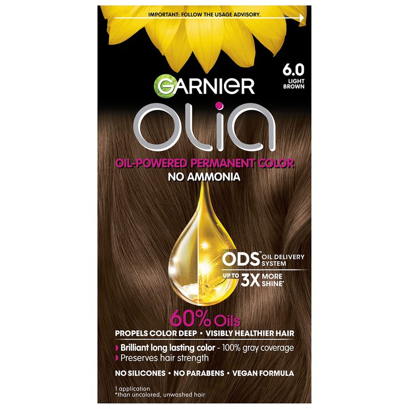 Garnier Olia Hair Color, Ammonia-Free Permanent Hair Dye, Oil-Powered Formula for 100% Gray Coverage and 3x Shinier Hair, Vegan & Cruelty Free, 6.0 Light Brown, 1 Count