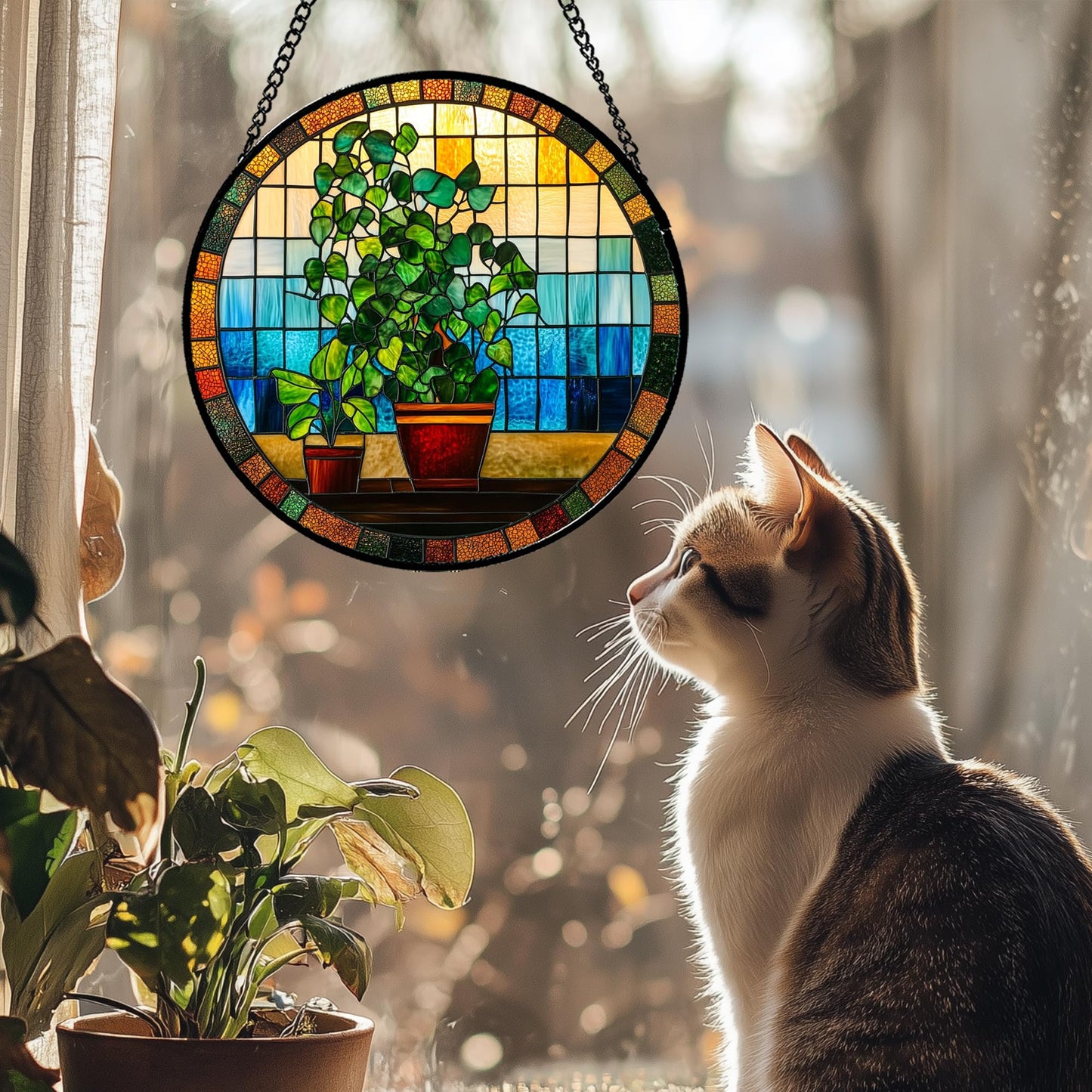 QZQCBLC Stained Glass Window Hanging Green Potted Plants Large 15" - Suncatcher Door Garden Sun Catcher Retro Home Decor Birthday Christmas for Mom Men Woman Nana Friend