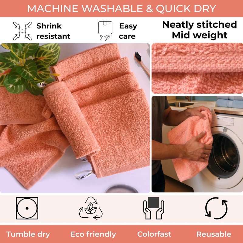 LIVINATI Peach 100% Cotton Wash Cloths for Showering Body and Face - 12"X12" 6 Pack Washcloths - Small Terry Towel Bath Rags for Adults and Kids Bathroom - Soft Absorbent