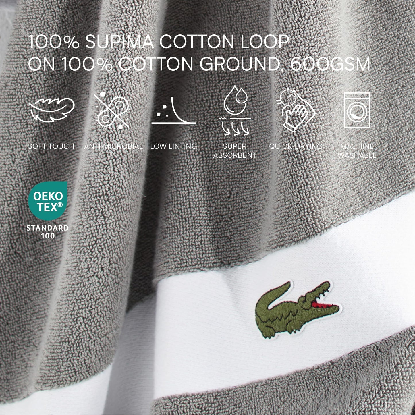 Lacoste Sport Stripe 6-Piece Luxury Cotton Towel Set – Made with 100% Soft Supima Cotton, Absorbent & Quick-Drying, Includes 2 Bath Towels, 2 Hand Towels, 2 Washcloths, Meteorite