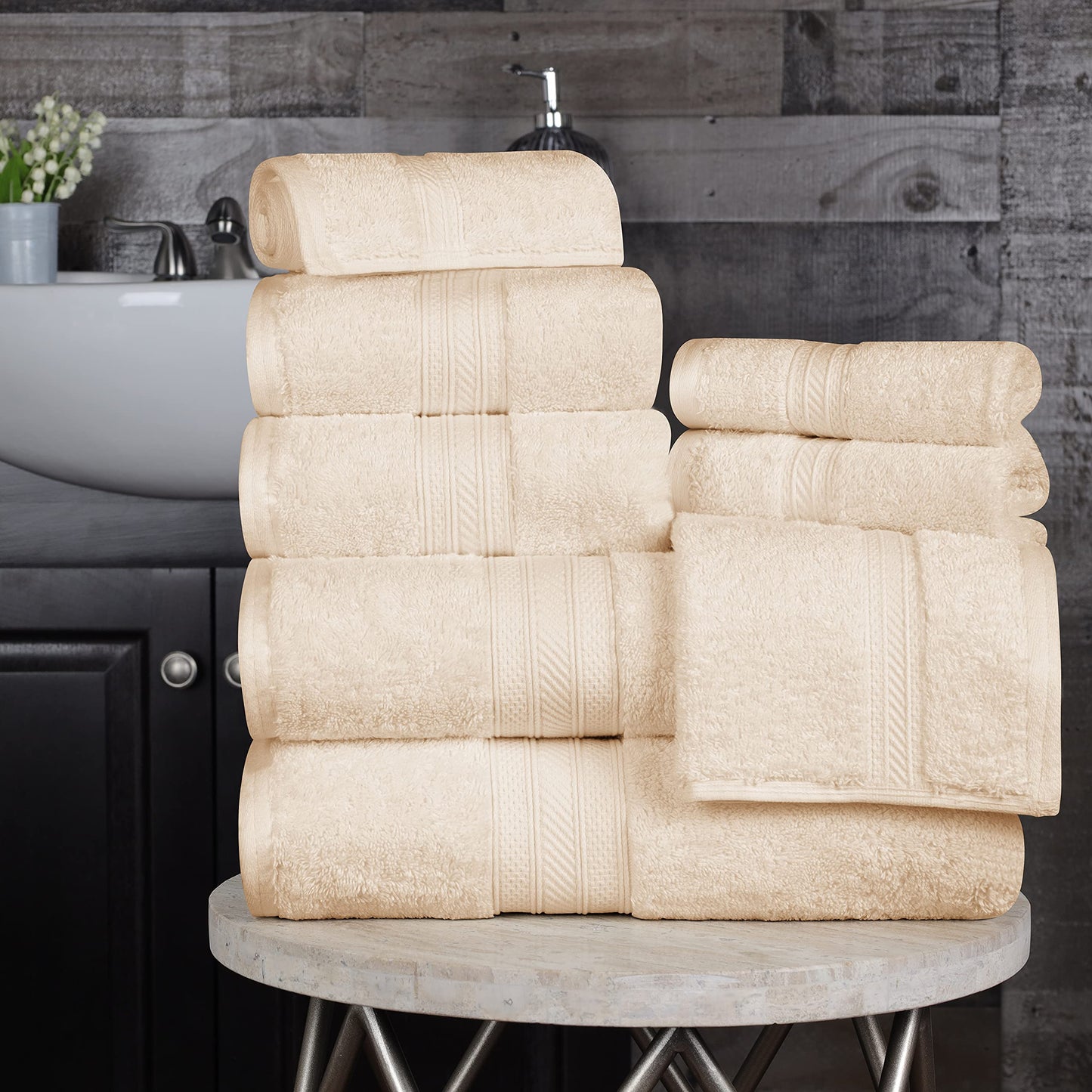 Superior Long Staple 100% Combed Cotton 700GSM 8-Piece Solid Towel Set for Bathroom, Shower, Kitchen-Super Soft, Assorted 8-Piece Towels, 4 Face/Washcloths, 2 Hand Towels, 2 Bath Towels, Almond