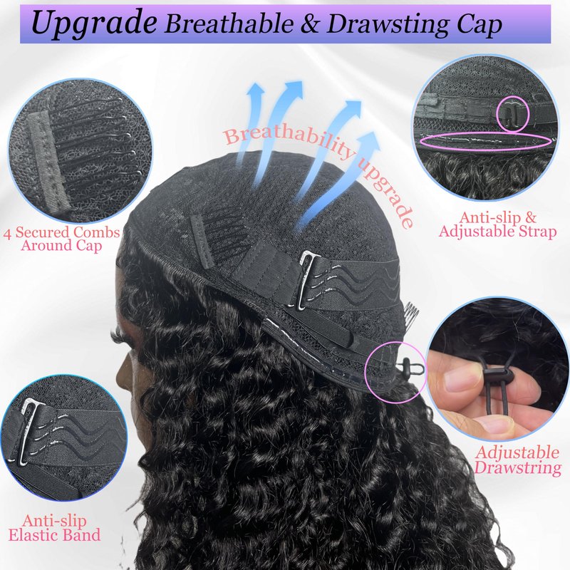 Glimeer Half Wig Human Hair Deep Wave 3 In 1 Drawstring Seamless Filp Over Curly Half Wig 200% Density Wear and Go Glueless Half Wigs for Black Women Natural Color 26 Inch