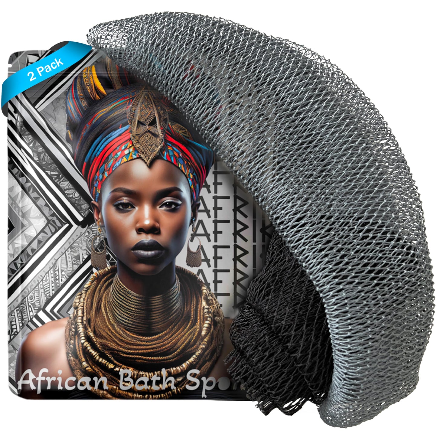 African Net Sponge, Premium Authentic Exfoliating Body Scrubber, Extra Long Stretch Bath Sponge for Shower, Deep Exfoliating Washcloth for Smooth Skin, 2 Pack (Black & Slate)