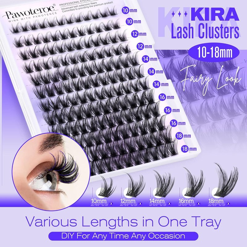 Pawotence Lash Clusters Wispy Kira Cluster Eyelash Extensions 10-18mm Individual Lashes DIY Cluster Lashes Extension Soft Comfortable Eyelash Clusters with Thin Band