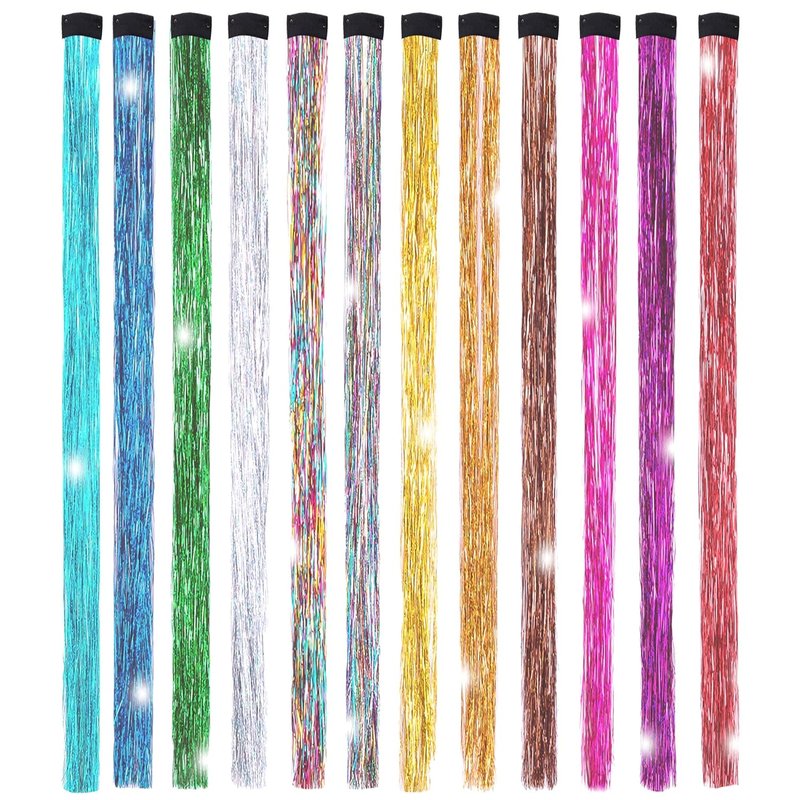 19.7 Inch Clip In Hair Fairy Tinsel Kit Clips Clip On Glitter Hair Tinsel Extensions 12 Colors