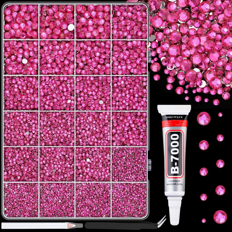 Resin Rhinestones for Crafting with 3Pcs 10ml B7000 Jewelry Glue, 2 Boxes Hot Pink Flatback Gems Crystals Diamond for Bedazzling Crafts DIY Nail Art Makeup,Gems for Clothing Tumblers Shoes