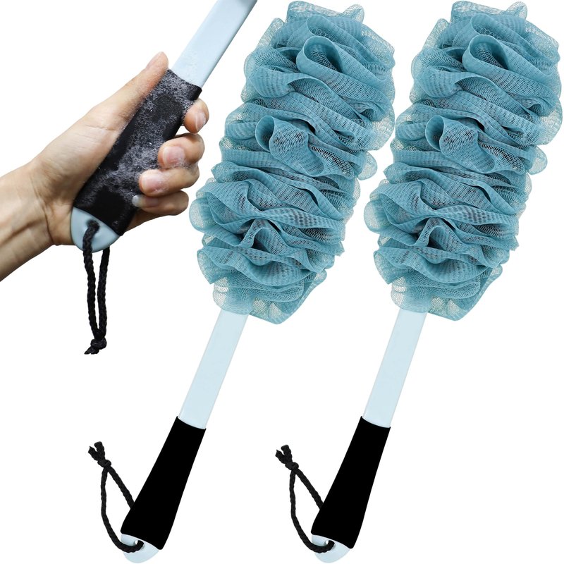 2Pack Back Scrubber for Shower, Loofah with Handle, Back Loofah Non-Slip Handle, Bath Body Brush, Scrub Cleaning Brush for Shower, Soft Mesh Sponge On a Stick for Men Women Elderly (Two Blue)