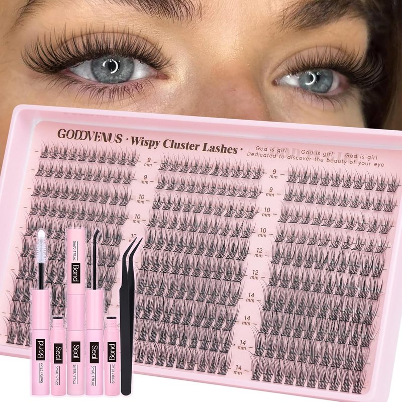 Goddvenus Lash Clusters Kit - 300pcs Wispy C Curl Eyelash Extensions | Natural DIY 9-14mm Clusters with Tweezers