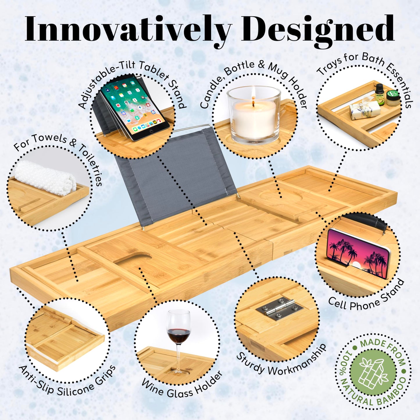Home It Premium Foldable Bathtub Tray - Bamboo Waterproof Bath Tray for tub Caddy - Wooden Holder for Wine, Book, Soap, Phone, Luxury Gift for Men & Women - Expandable, Fits Most Tubs in Bathroom