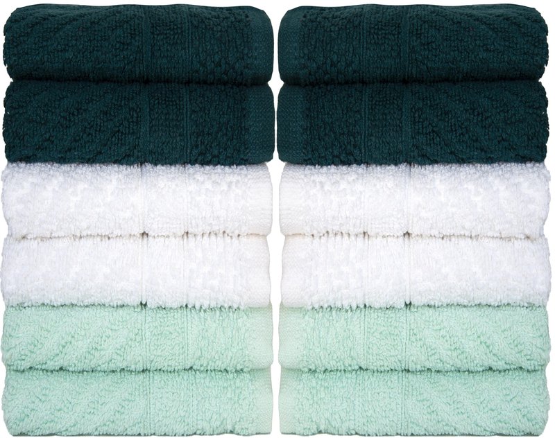 PH Pleasant Home Diagonal Wash Cloths Set - 12 Pack (12” x 12”) – 509 GSM - 100% Ring Spun Cotton Wash Cloth - Super Soft and Highly Absorbent Face Towels (Green, White & Mint)