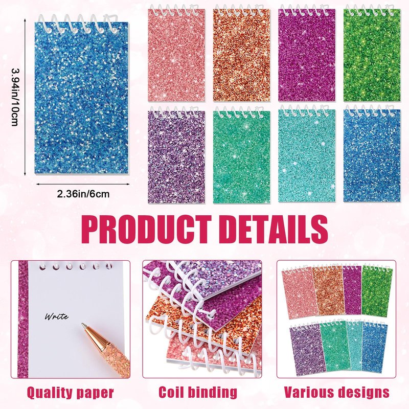 Sherr 16 Pcs Glitter Pens and Notebooks Set Mini Spiral Notepads Fancy Pens for Kids Girls Women Sparkly Sequins Journaling Ballpoint Christmas Birthday Gift Classroom Rewards(Classic Color)