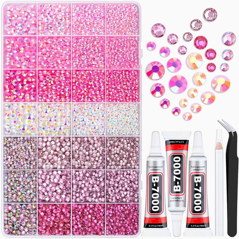 Skiennix 20000 Pcs Pink Rhinestones - Bedazzling Kit with B7000 Glue for DIY Crafts & Nail Art | Assorted Sizes 3-6mm