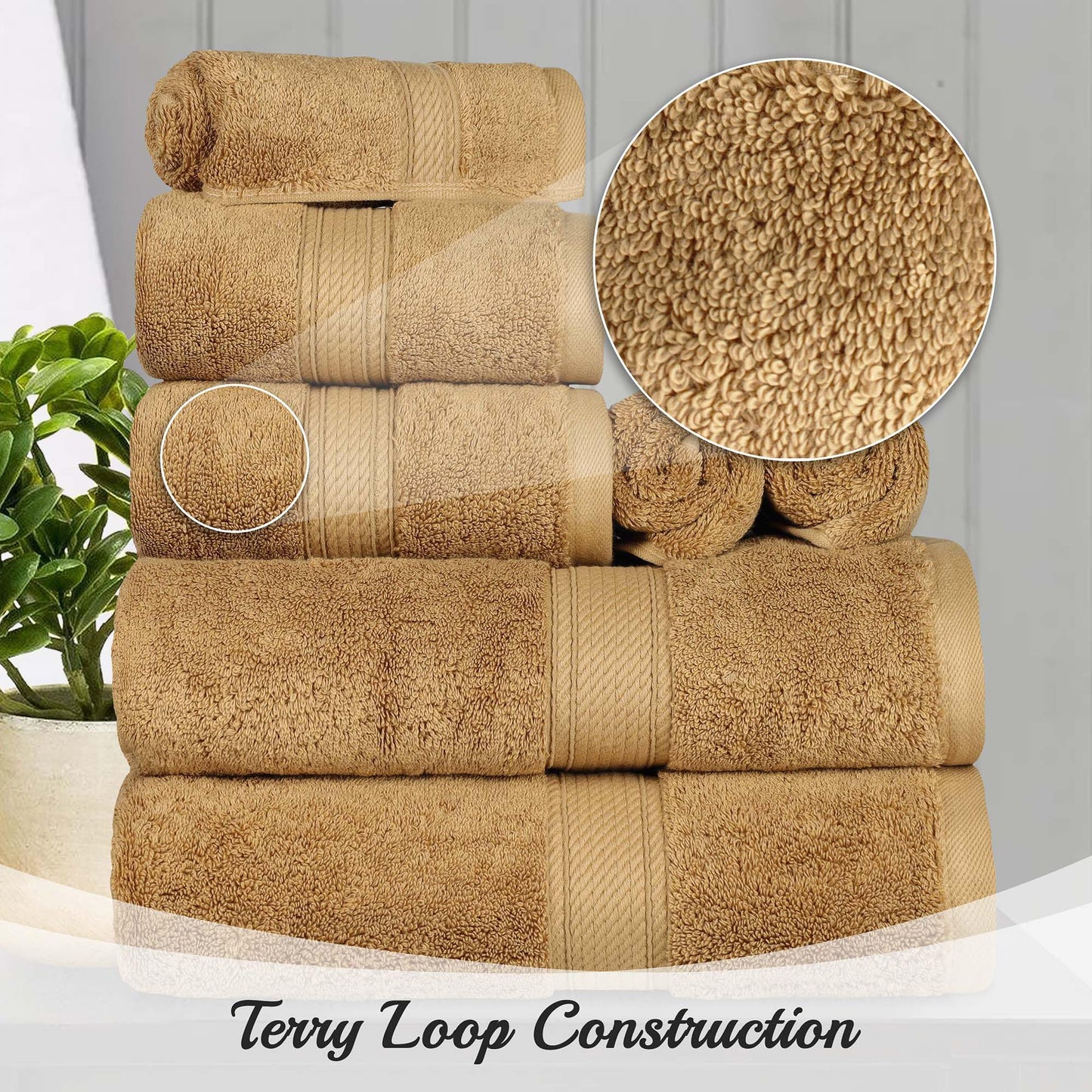 Superior Egyptian Cotton Pile 10 Piece Towel Set, Includes 2 Bath, 4 Hand, 4 Face Towels/ Washcloths, Ultra Soft Luxury Towels, Thick Plush Essentials, Guest Bath, Spa, Hotel Bathroom, Toast