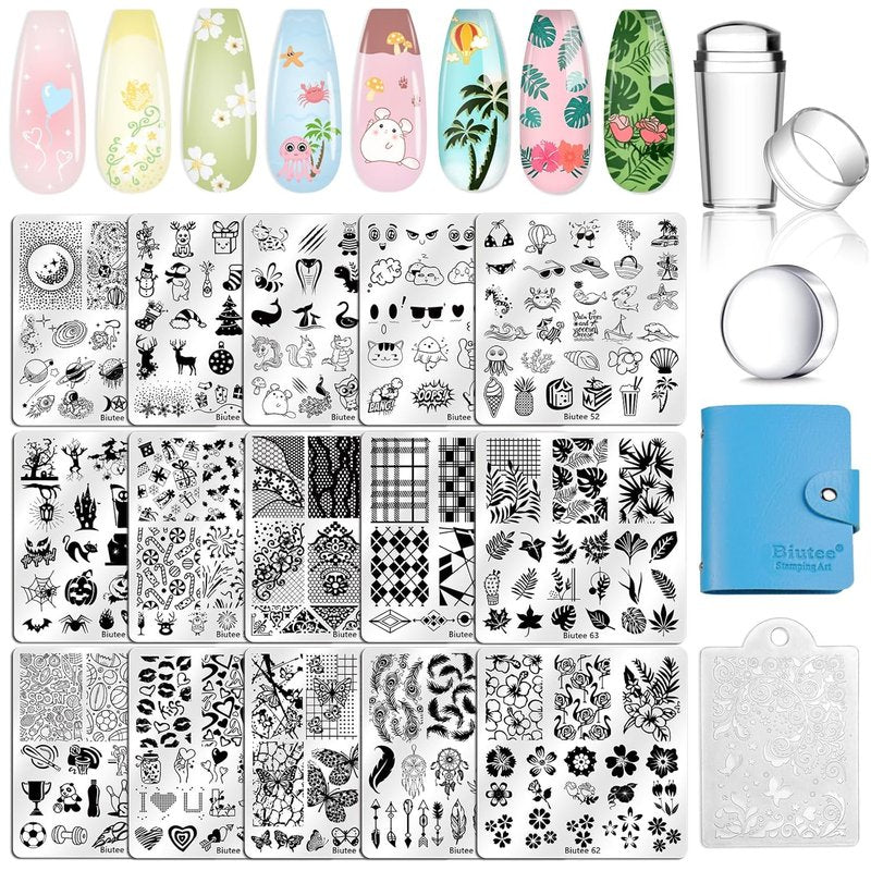 Biutee Nail Stamping Plates Set - 15PCS Nail Art Kit with Stamper, Scraper & Storage Bag | Floral & Holiday Designs