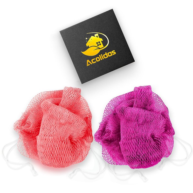 Authentic African Net Sponge Pink 2 Pack, 45 Inch Long Exfoliating Bath Net with Knots & Handles, Quick Dry Mesh Body Scrubber for Back, Shower, Face & Body, Gentle Exfoliation for All Skin Types