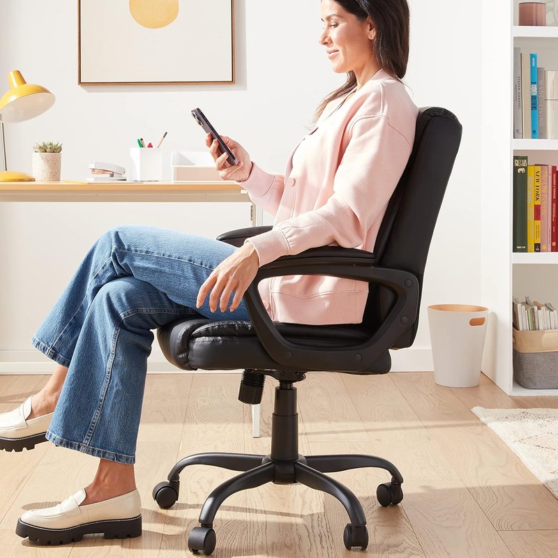 Classic Puresoft PU Mid-Back Office Desk Chair - Sturdy Metal Base, Easy Assembly, 275lb Support | Black 26"D x 23.75"W x 42"H