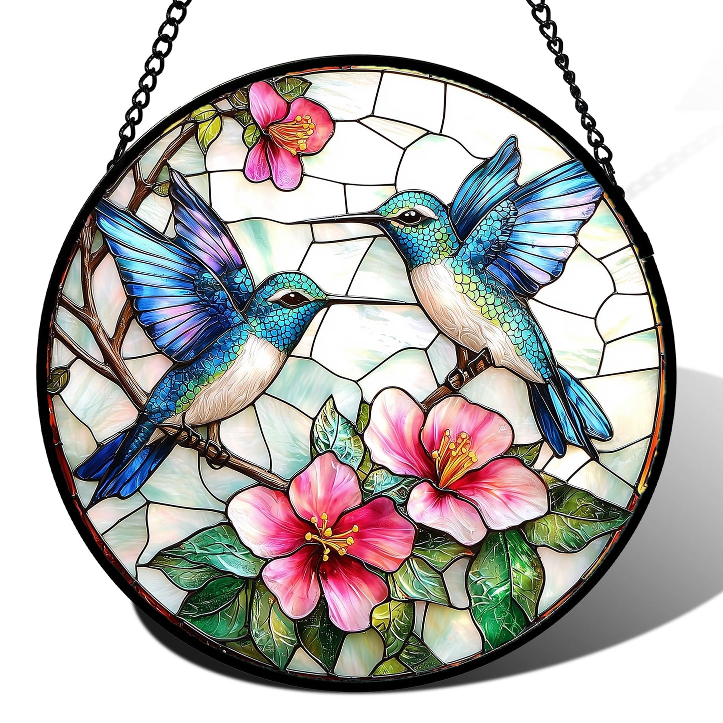 JOSUMALY Stained Glass Window Hanging - Blue White Hummingbirds Pink Flowers Suncatcher for Door Terrace Garden Home Decor Bird Sun Catcher Birthday Gifts for Lovers Women Men Dad Mom Nana 7.8 in