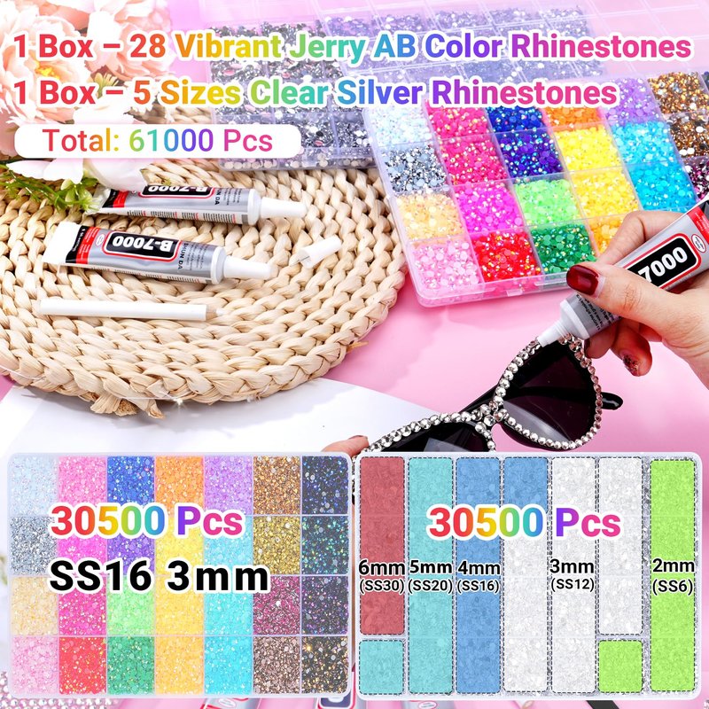 46000Pcs Jelly Rhinestones for Bedazzling, 2 Boxes Multicolor 4mm & Silver Clear 2/3/4/5/6mm Resin Flatback Gems for Crafting, Bedazzler Kit with 3Pcs 15ml B7000 Jewelry Glue for Book Clothes Crafts