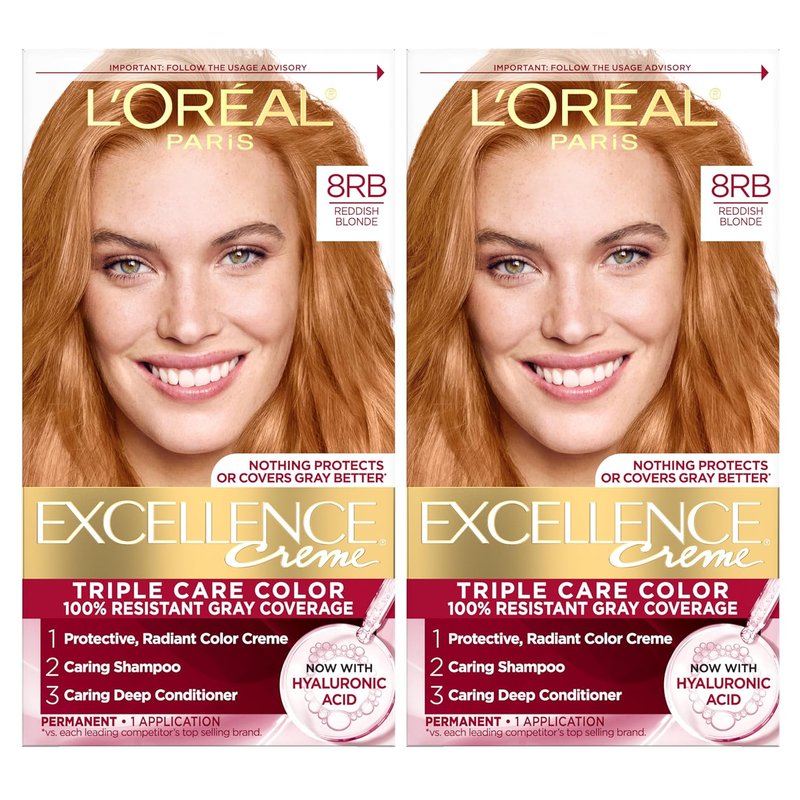 L'Oreal Paris Hair Dye - Excellence Crème Triple Care Color with Hyaluronic Acid for 100% Gray Coverage | 8RB Reddish Blonde, 2 Kits