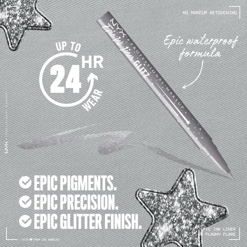 NYX PROFESSIONAL MAKEUP Epic Ink Glitz Liner, Waterproof Metallic Liquid Eyeliner with Vegan Formula - Flashy Flare (Shimmer Light Grey)