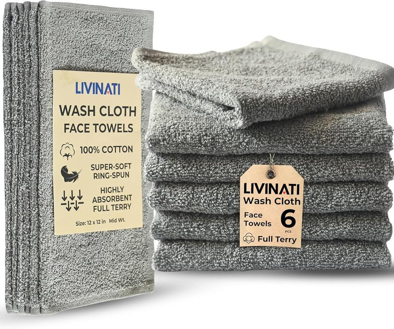 100% Cotton Wash Cloths by [Brand Name] - Soft & Absorbent 12"X12" Terry Towels | 6 Pack for Adults & Kids