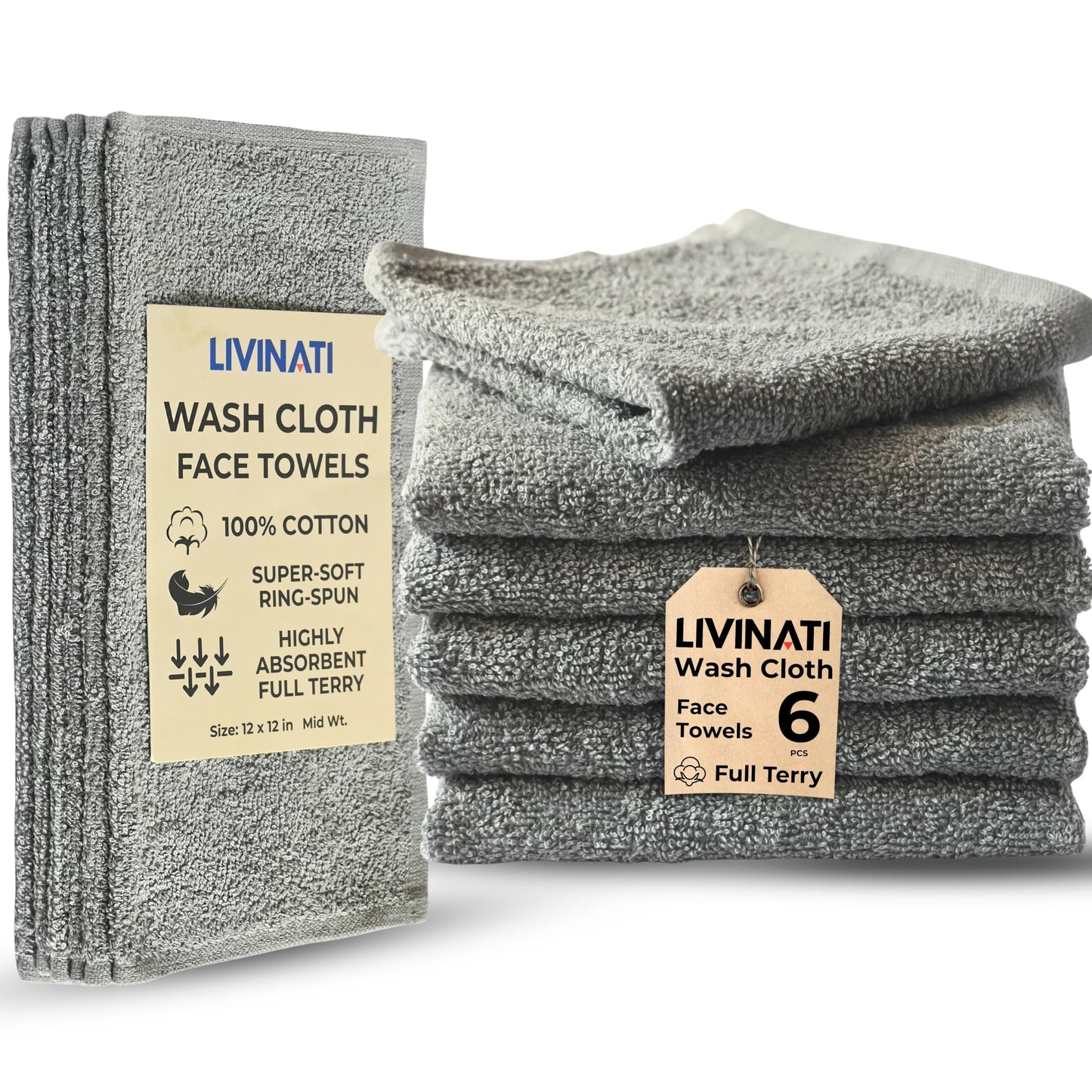 LIVINATI Gray 100% Cotton Wash Cloths for Showering Body and Face - 12"X12" 6 Pack Washcloths - Small Terry Towel Bath Rags for Adults and Kids Bathroom - Soft Absorbent