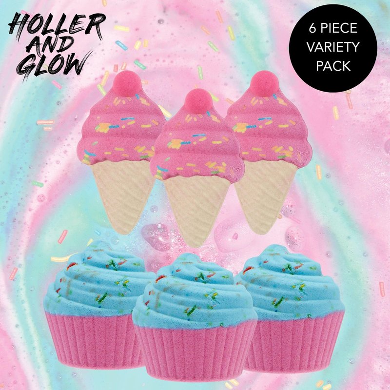 Holler and Glow Sweet Treat Bath Bomb Variety, Cupcake & Ice Cream, Bath Bombs for Girls, Sweet Scented, Fizzy Color Bursting, Non Toxic, Skin Safe, Mother's Day, Easter Or Birthday, 6 Piece Gift Set