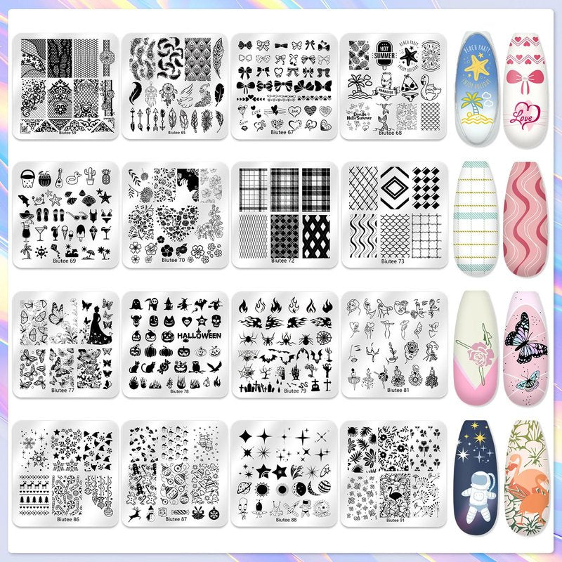 Biutee Nail Stamping Kit 12Pcs Nail Art Stamp Plates 8 Colors Stamping Polish Gel Silicone Stamper Scraper with Storage Bag, Nail Stamping Plate Lace Star Rose Plaid TemplateHoliday Design Gift