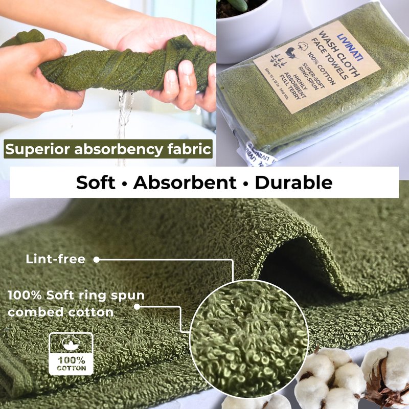 LIVINATI Sage Green 100% Cotton Wash Cloths for Showering Body and Face - 12"X12" 6 Pack Washcloths - Small Terry Towel Bath Rags for Adults and Kids Bathroom - Soft Absorbent